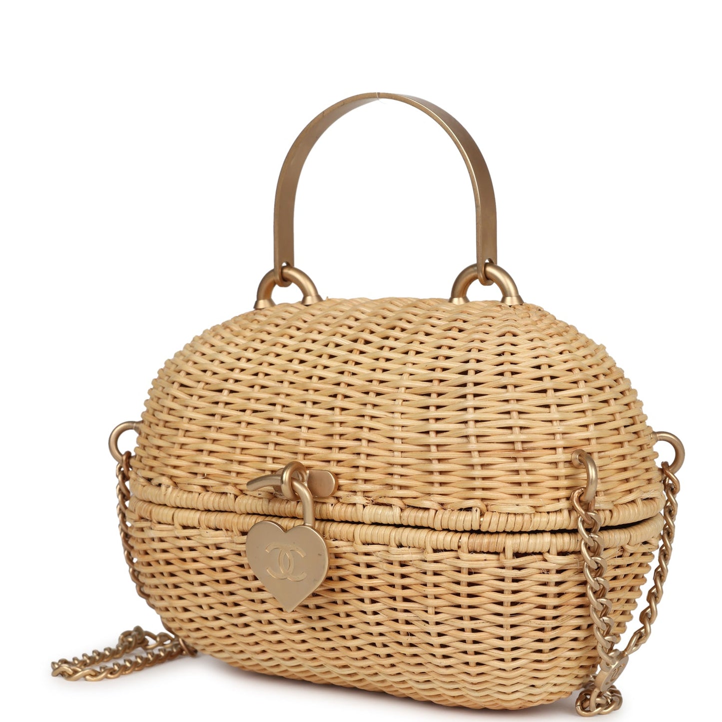 Chanel Small Heart Lock Basket Bag Natural Wicker Brushed Gold Hardware