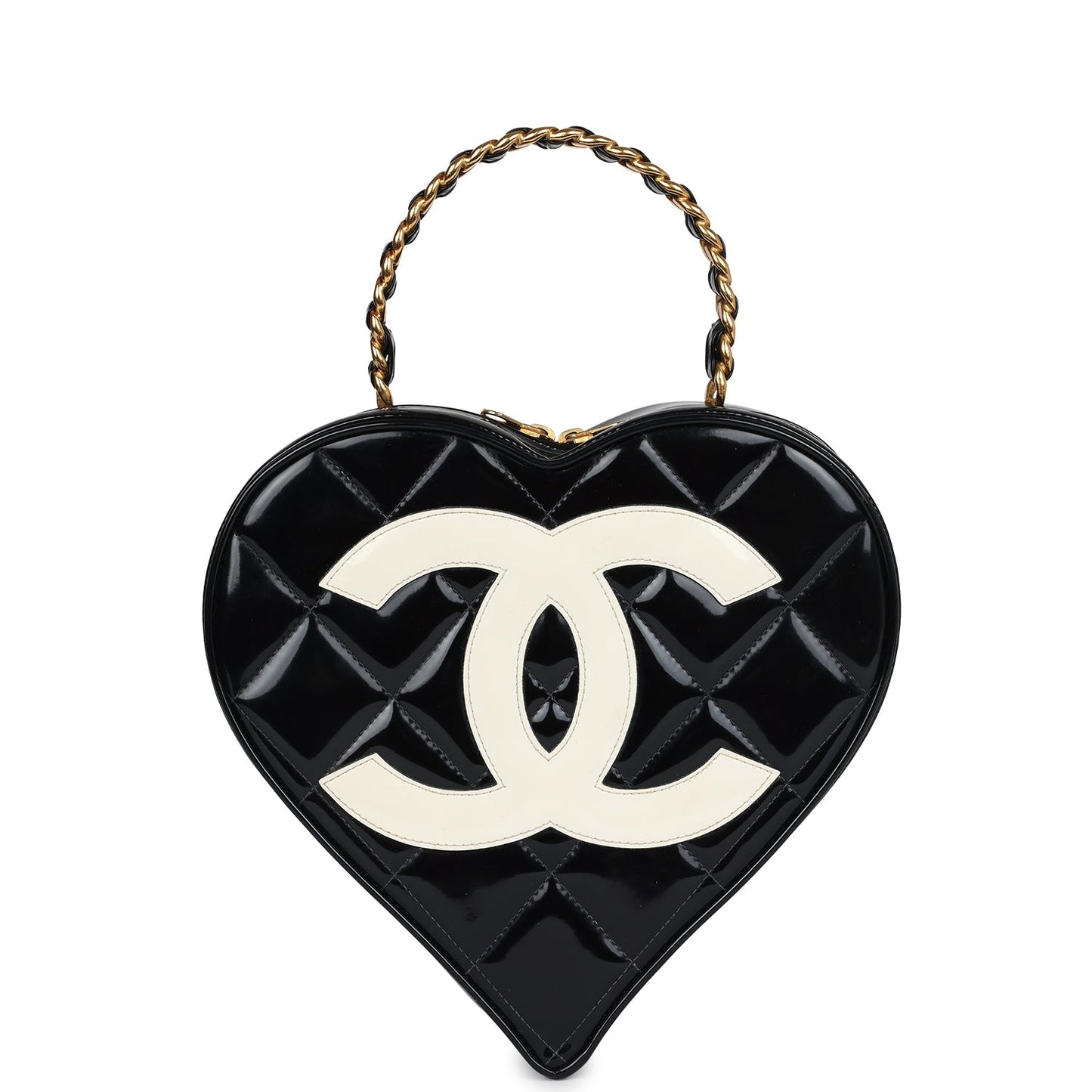 Chanel Heart Vanity Bag Black and White Patent Antique Gold Hardware