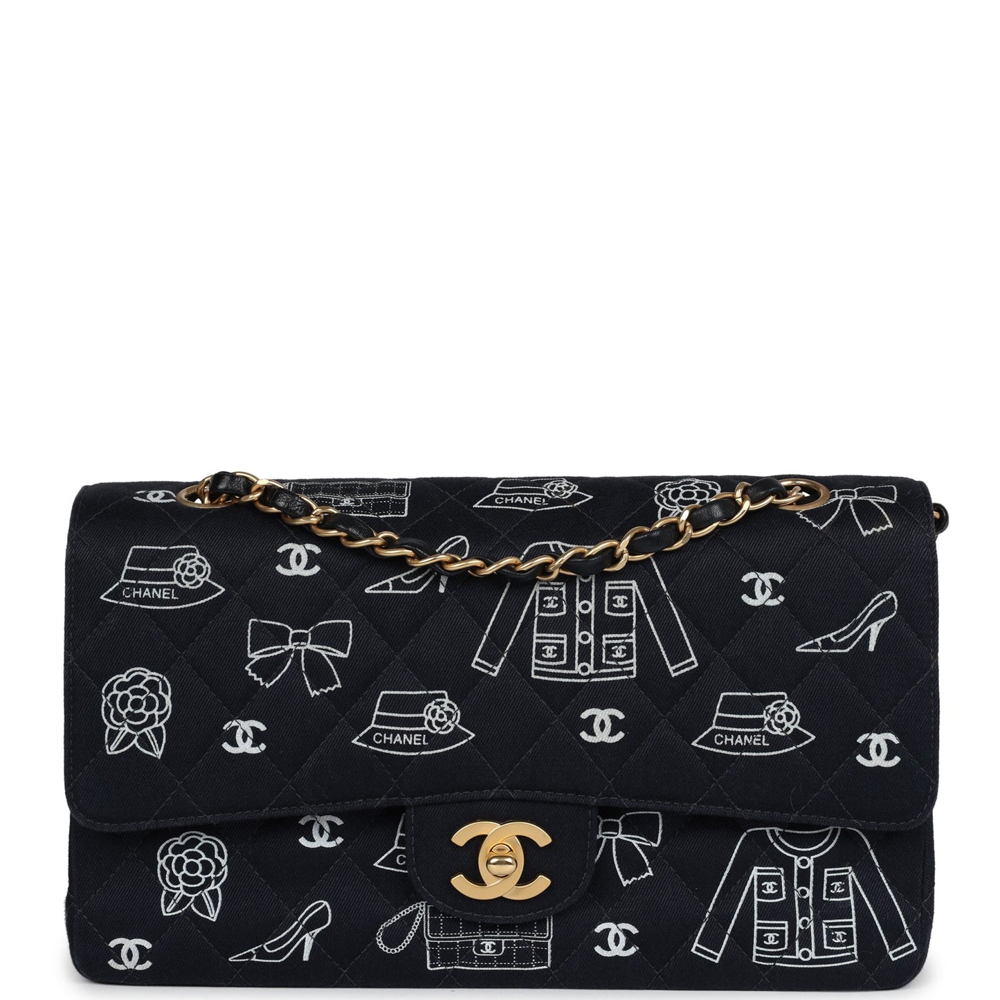 Chanel Medium Icon Print Double Flap Bag Navy Canvas Brushed Gold Hardware Classic Flap