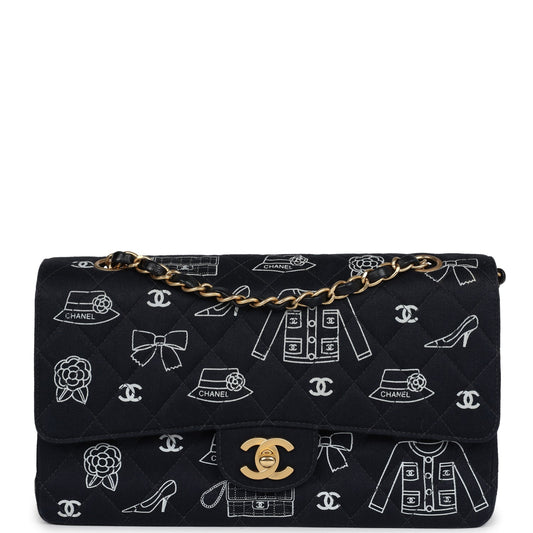 Chanel Medium Icon Print Double Flap Bag Navy Canvas Brushed Gold Hardware Classic Flap