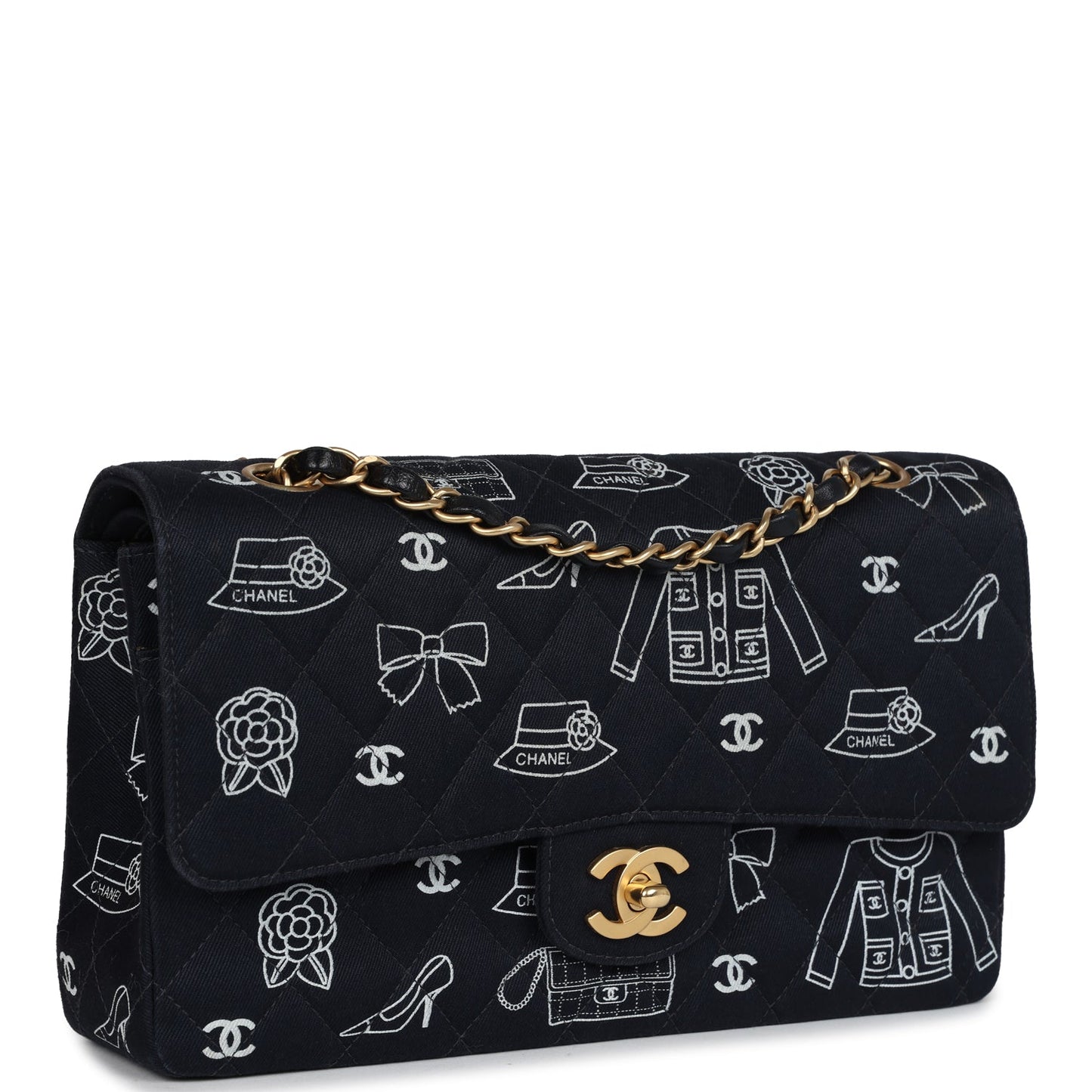 Chanel Medium Icon Print Double Flap Bag Navy Canvas Brushed Gold Hardware Classic Flap