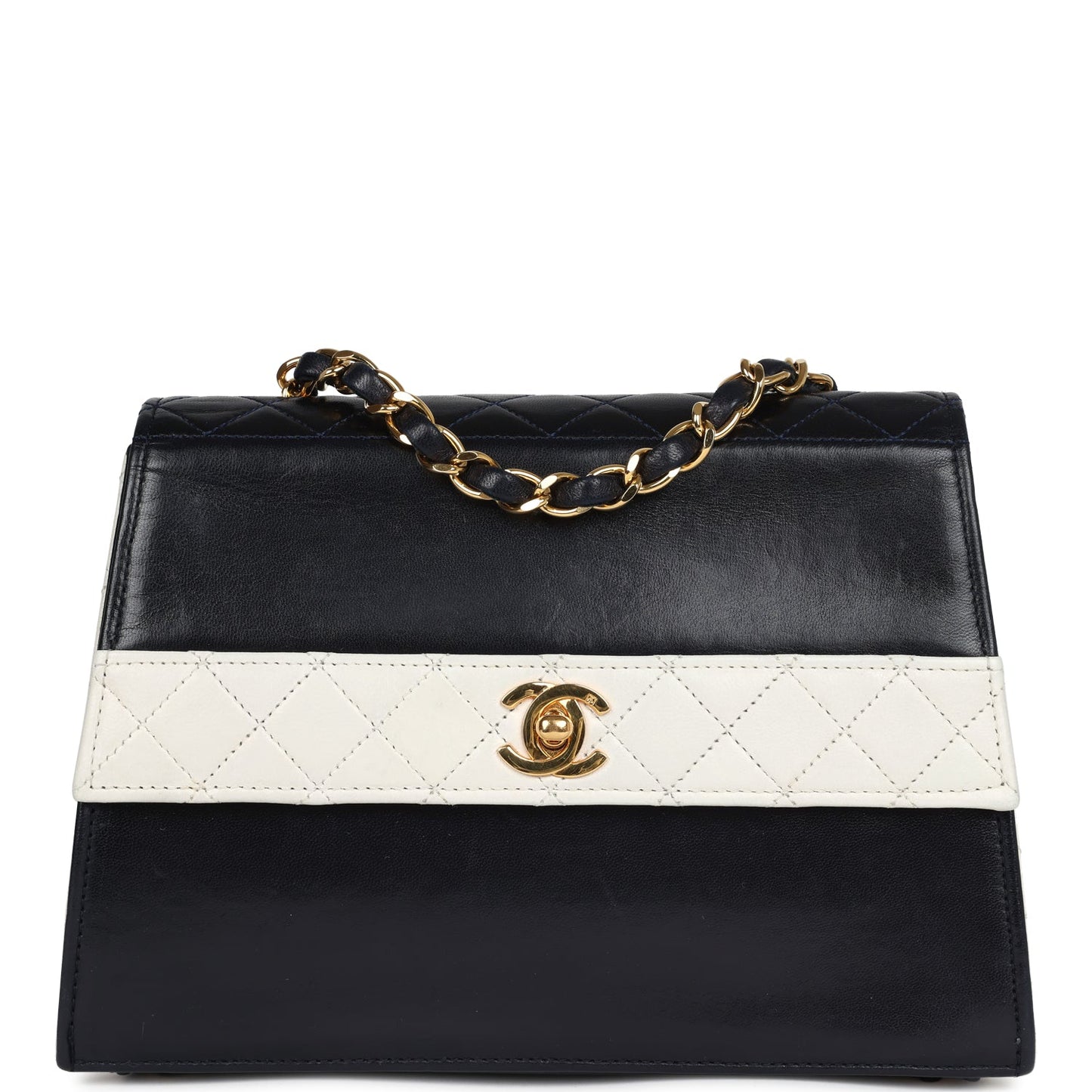 Chanel Trapezoid Flap Bag Navy and White Lambskin Gold Hardware