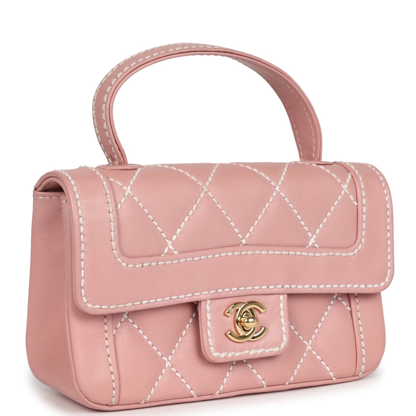 Chanel Mini Wild Stitch Surpique Top Handle Flap Bag Pink Calfskin Gold Hardware