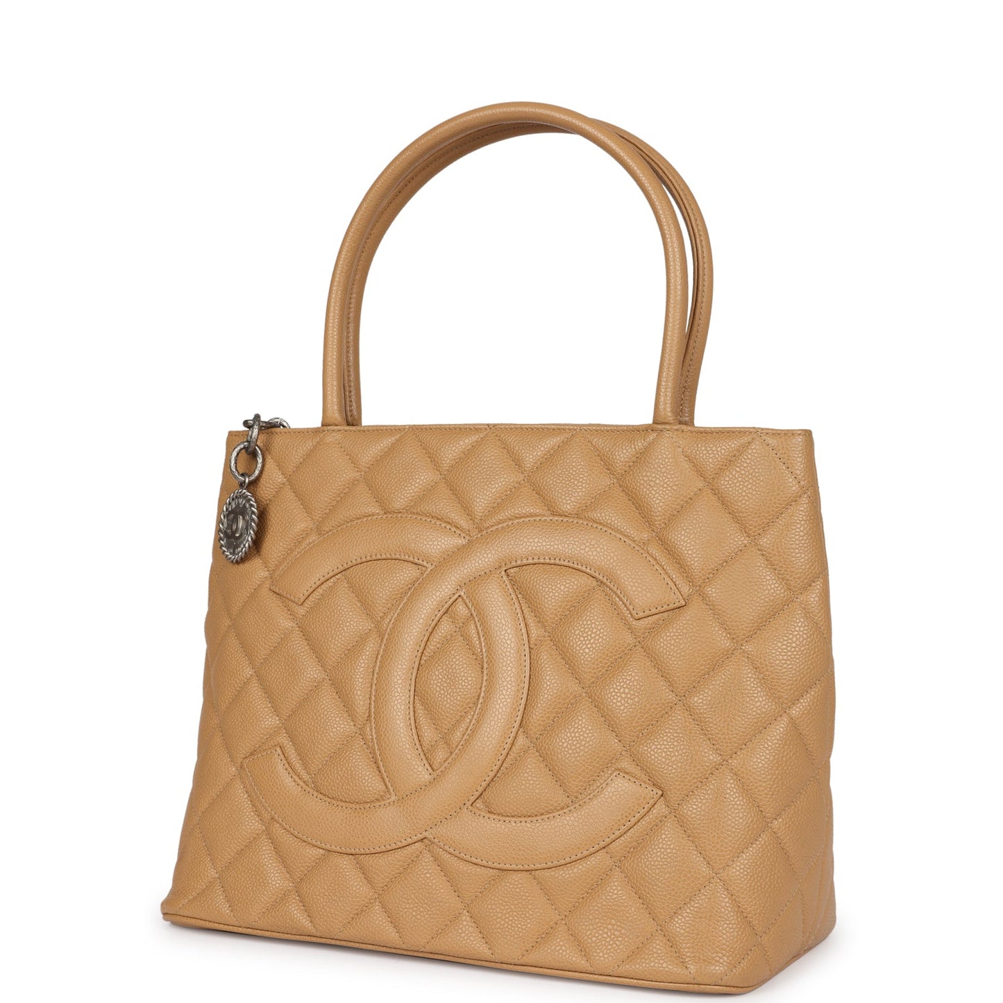 Chanel Medallion Tote Bag Beige Caviar Silver Hardware