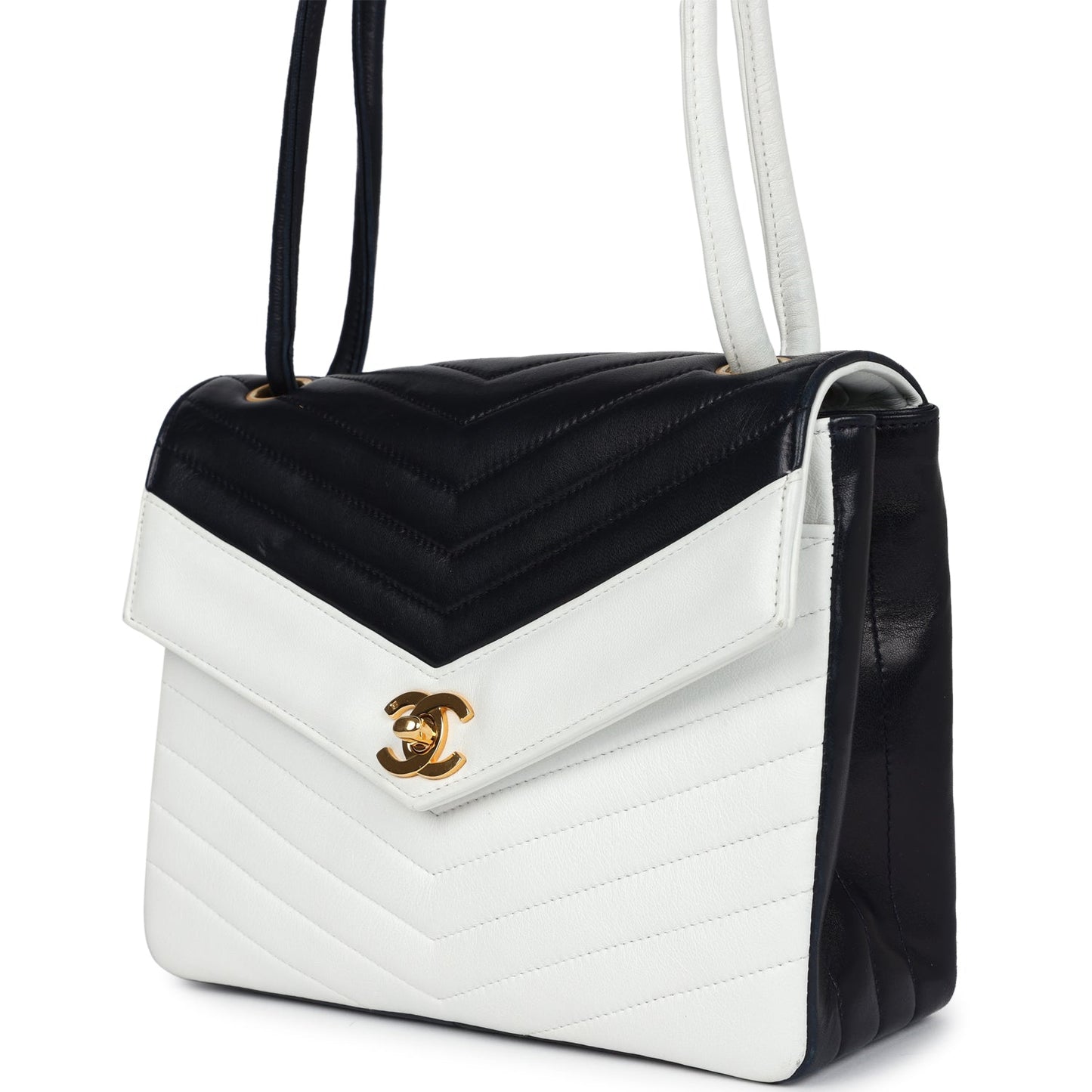 Chanel Chevron Envelope Flap Shoulder Bag Navy and White Lambskin Gold Hardware