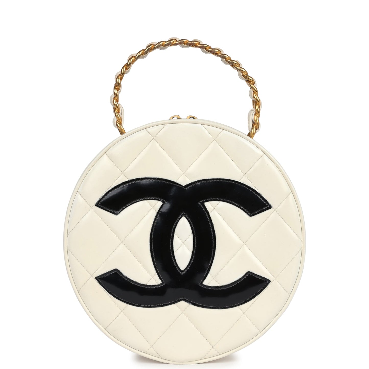 Chanel Round Vanity Bag White and Black Patent Leather Antique Gold Hardware