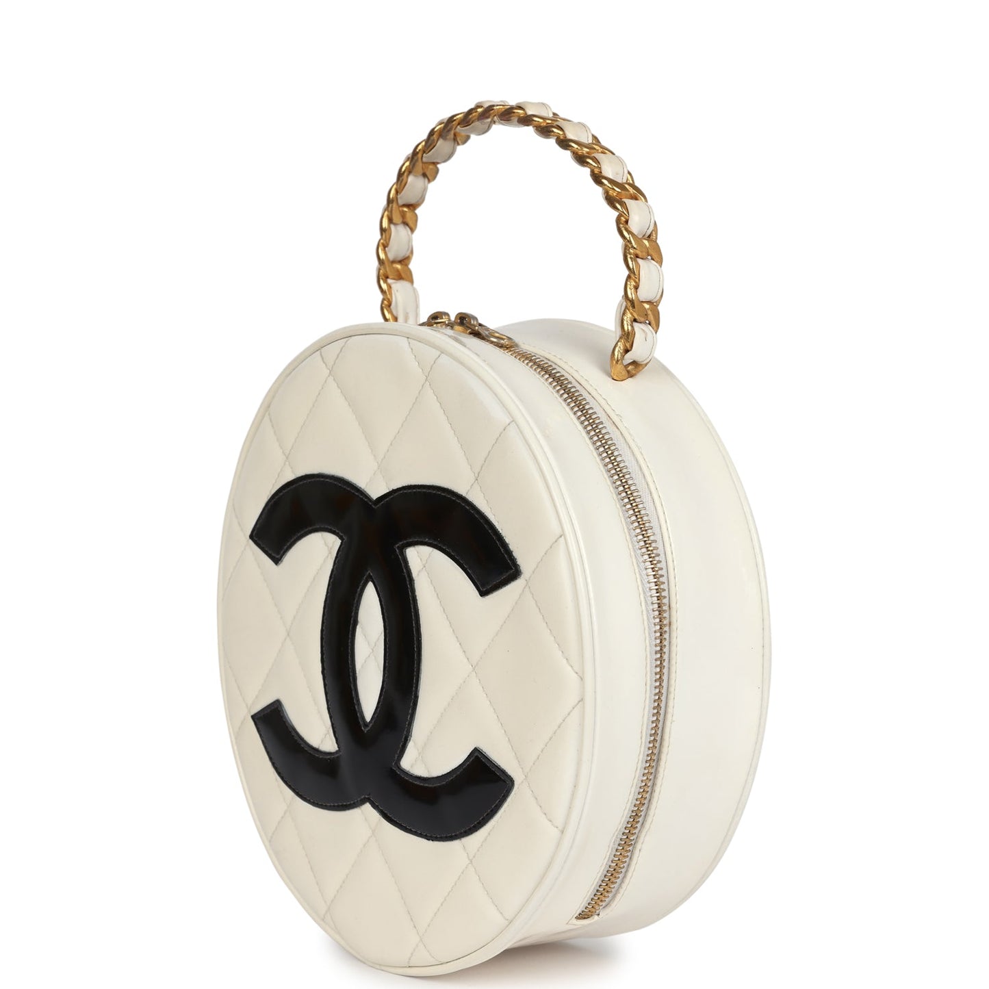 Chanel Round Vanity Bag White and Black Patent Leather Antique Gold Hardware