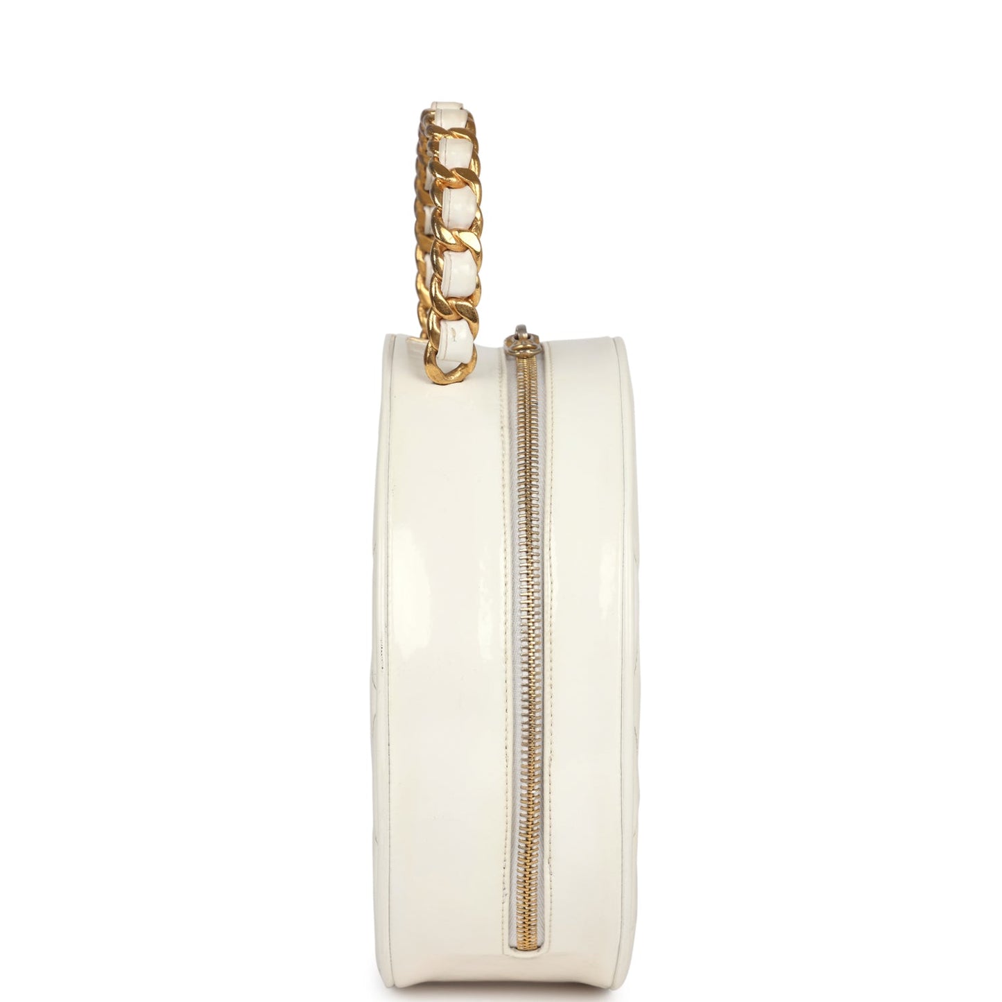 Chanel Round Vanity Bag White and Black Patent Leather Antique Gold Hardware