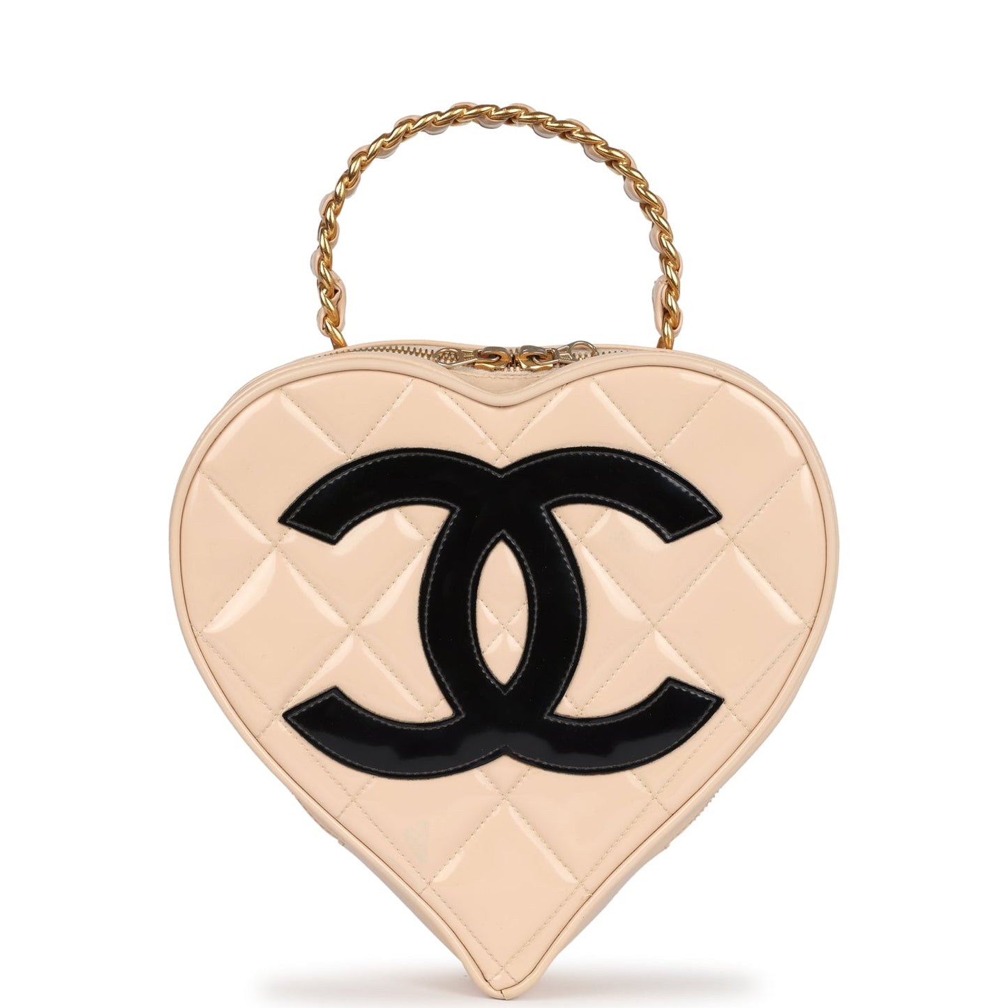 Chanel Heart Vanity Bag Beige and Black Patent Antique Gold Hardware