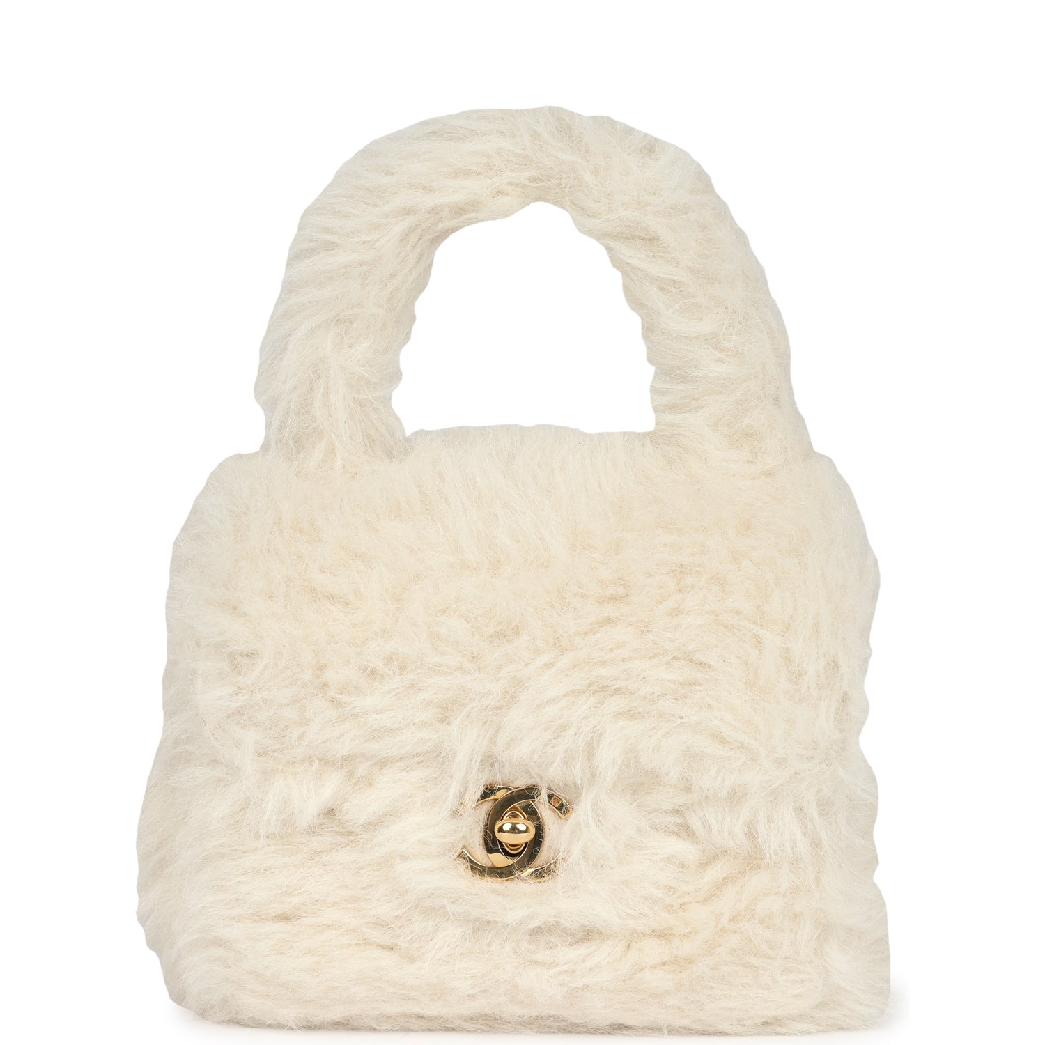 Chanel Micro Kelly Child White Rabbit Fur Gold Hardware Handbag