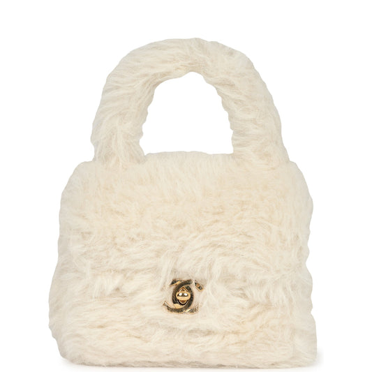 Chanel Micro Kelly Child White Rabbit Fur Gold Hardware Handbag