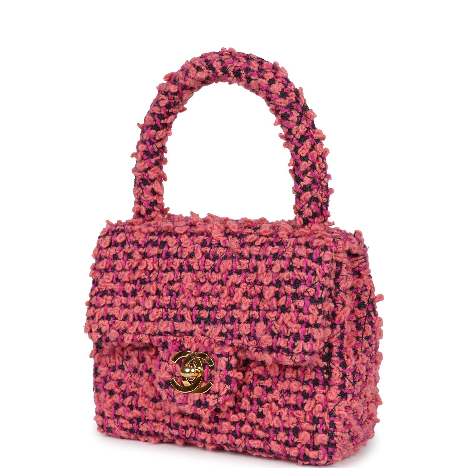 Chanel Micro Kelly Child Flap Bag Pink and Black Tweed Boucle Gold Hardware