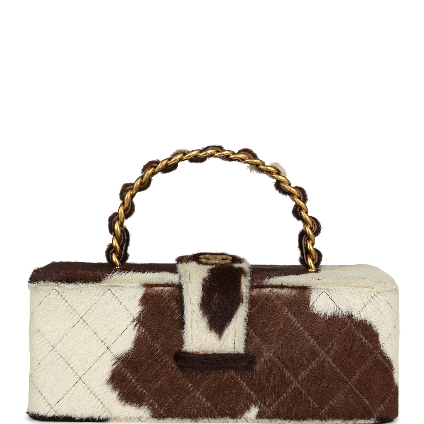 Chanel Rectangular Vanity Box Brown and White Cow Print Pony Hair Antique Gold Hardware