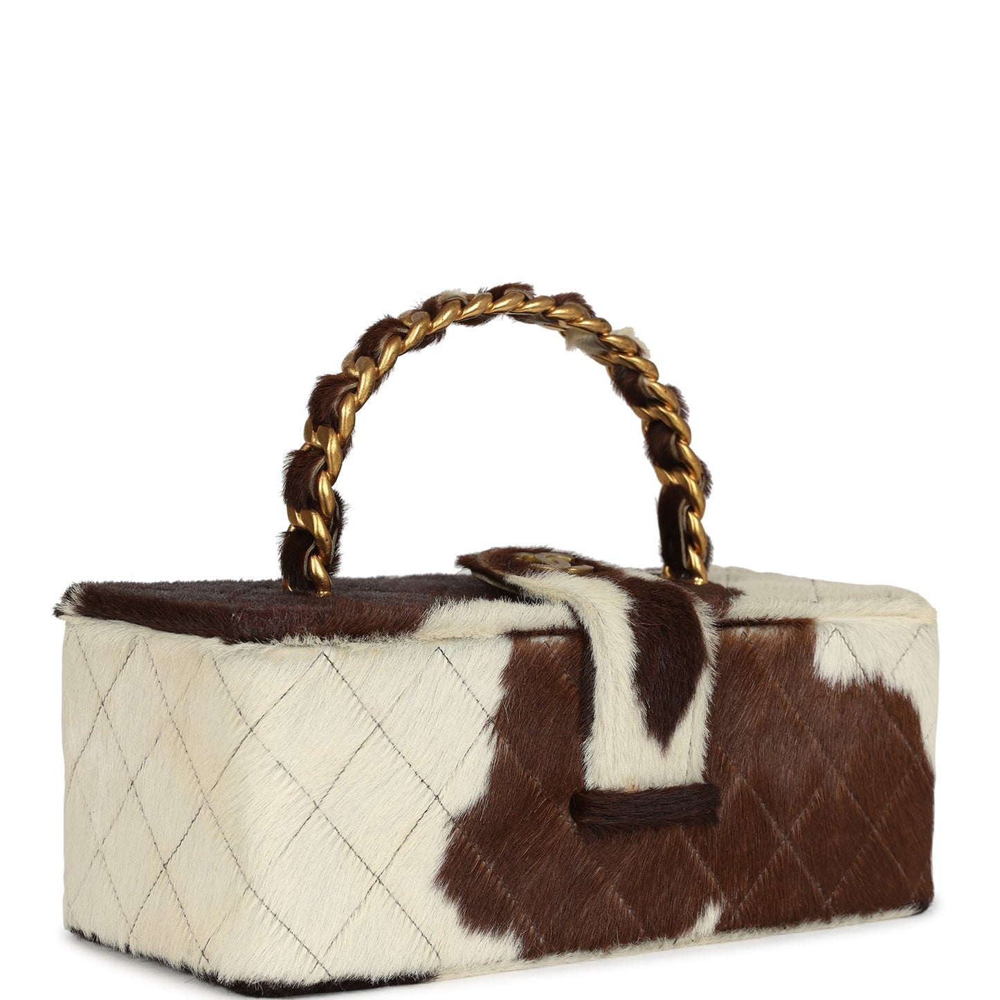Chanel Rectangular Vanity Box Brown and White Cow Print Pony Hair Antique Gold Hardware