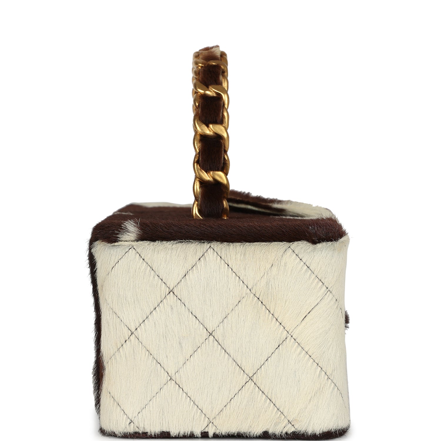 Chanel Rectangular Vanity Box Brown and White Cow Print Pony Hair Antique Gold Hardware