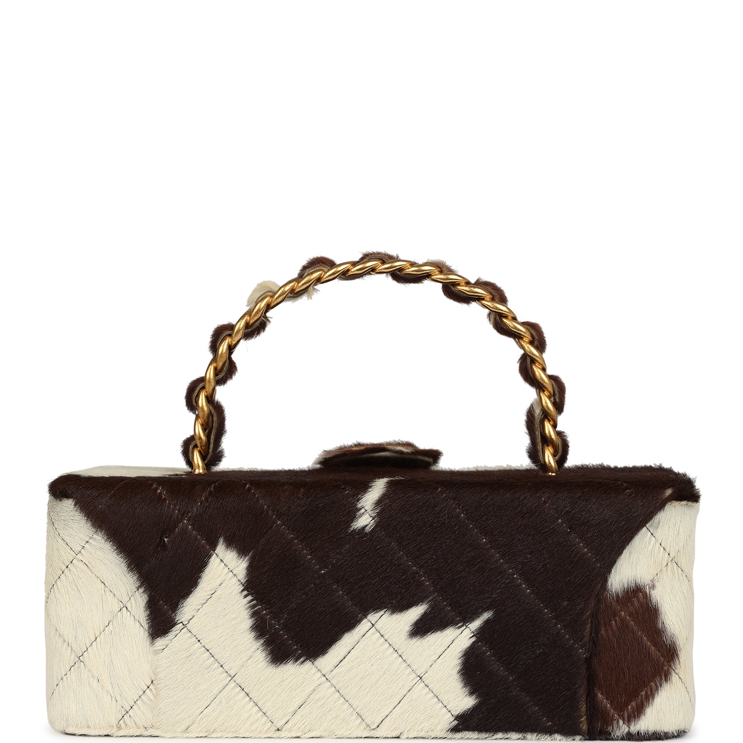 Chanel Rectangular Vanity Box Brown and White Cow Print Pony Hair Antique Gold Hardware