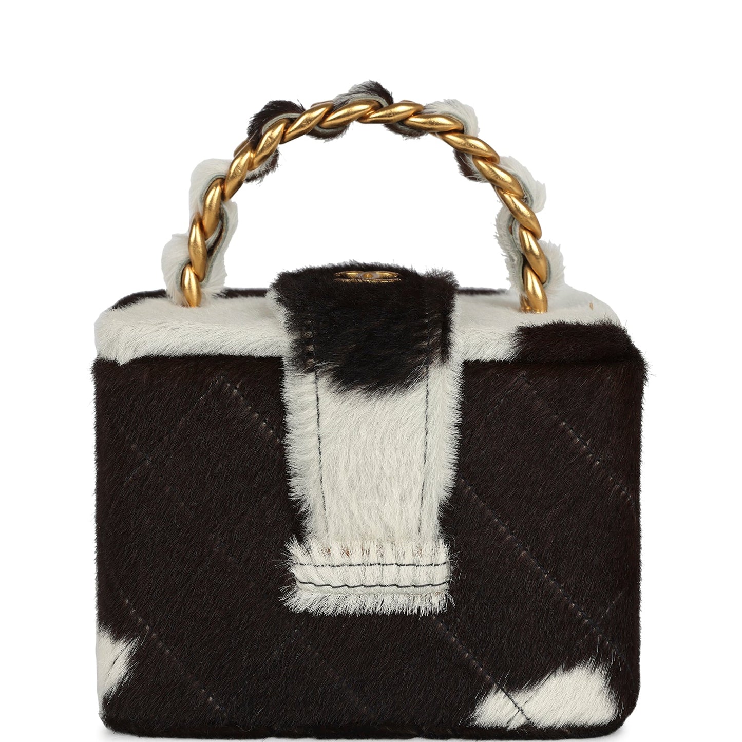 Chanel Square Vanity Box Brown and White Cow Print Pony Hair Antique Gold Hardware