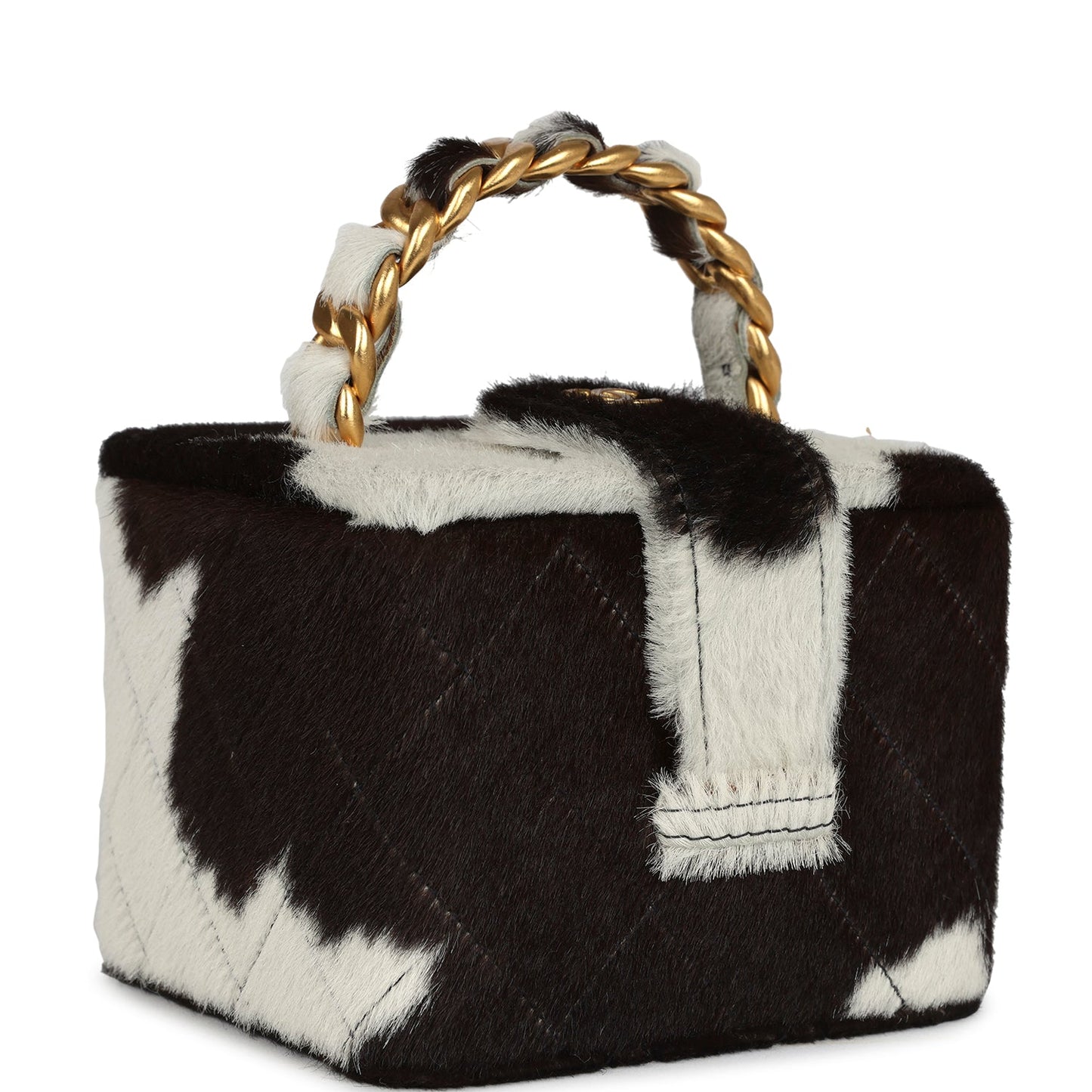 Chanel Square Vanity Box Brown and White Cow Print Pony Hair Antique Gold Hardware