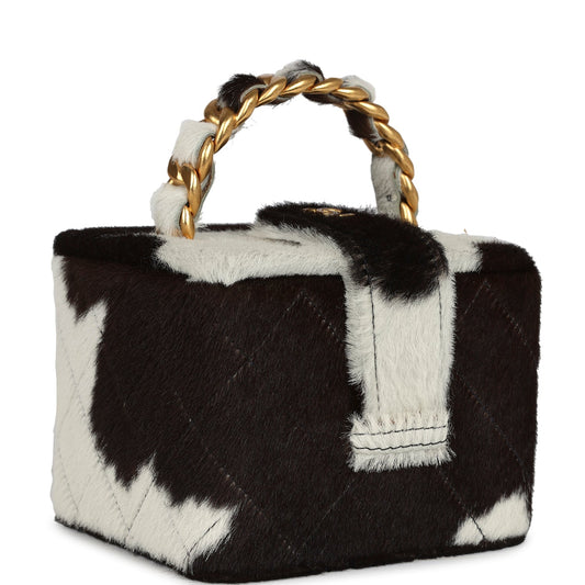 Chanel Square Vanity Box Brown and White Cow Print Pony Hair Antique Gold Hardware