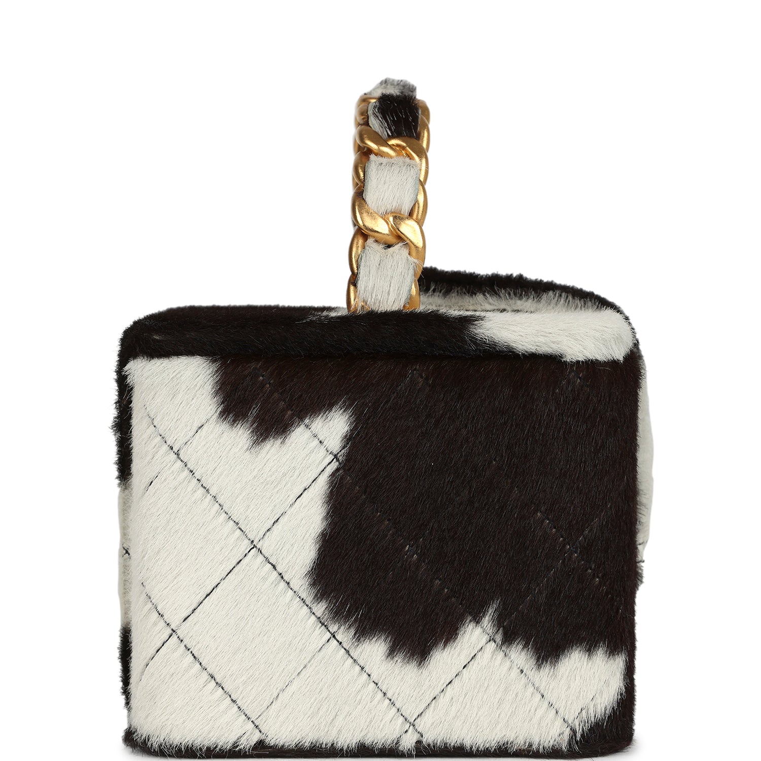 Chanel Square Vanity Box Brown and White Cow Print Pony Hair Antique Gold Hardware
