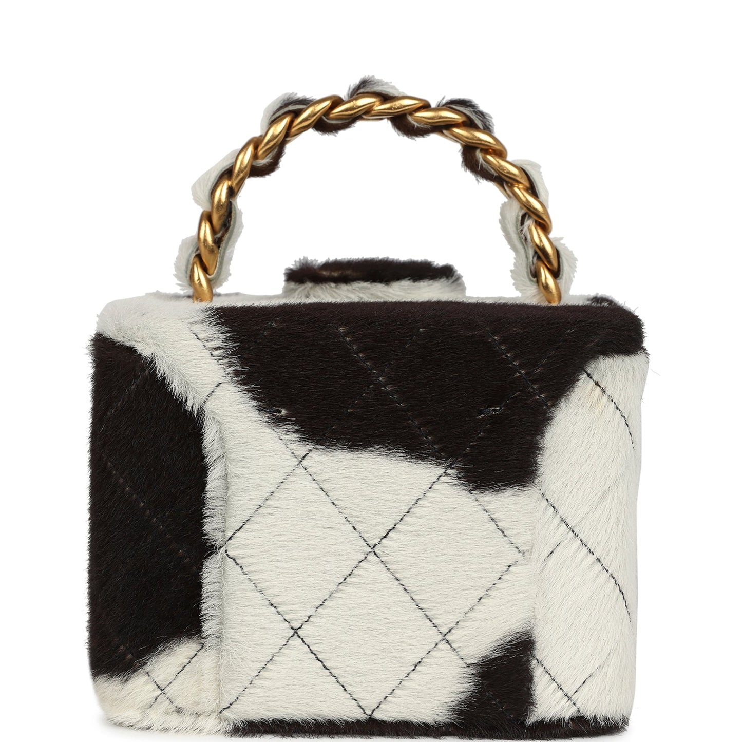 Chanel Square Vanity Box Brown and White Cow Print Pony Hair Antique Gold Hardware