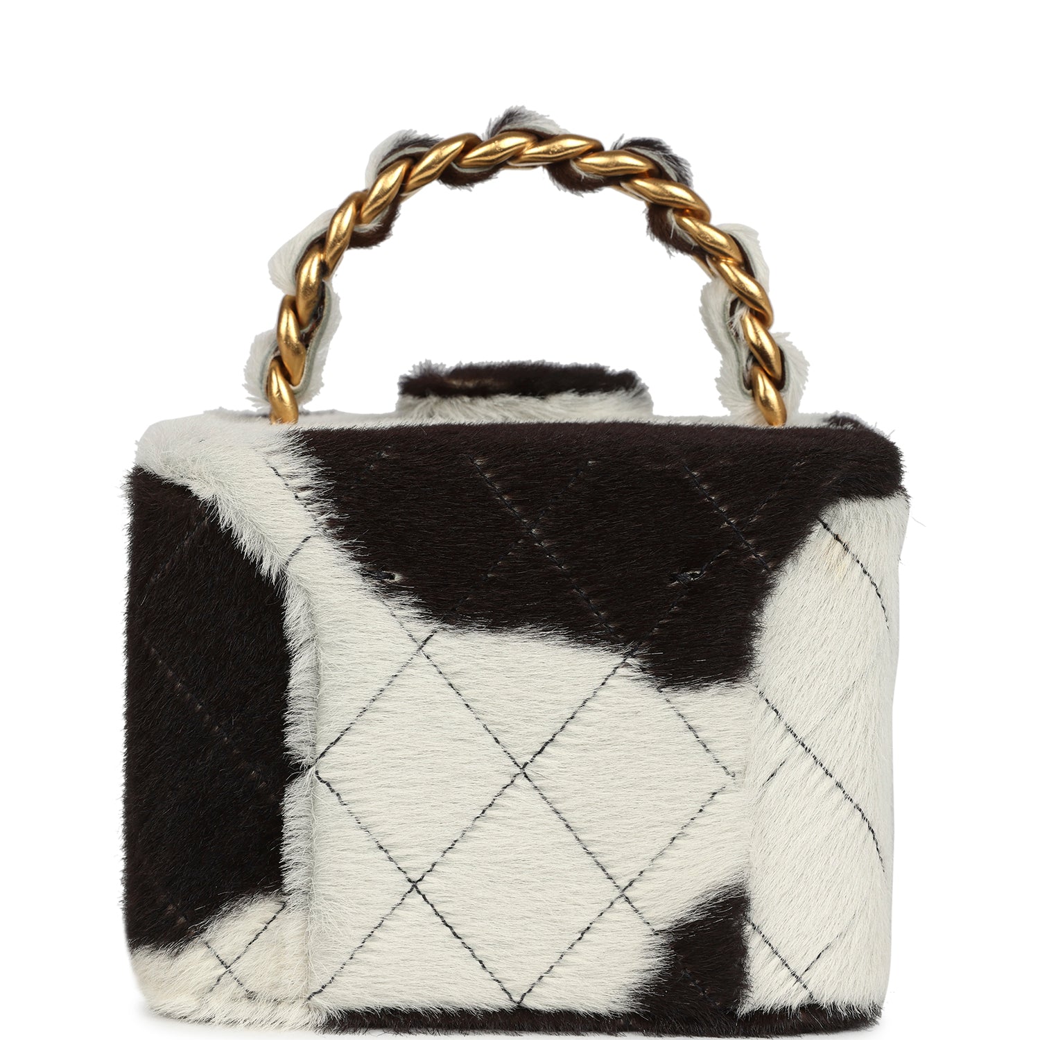 Chanel Square Vanity Box Brown and White Cow Print Pony Hair Antique Gold Hardware