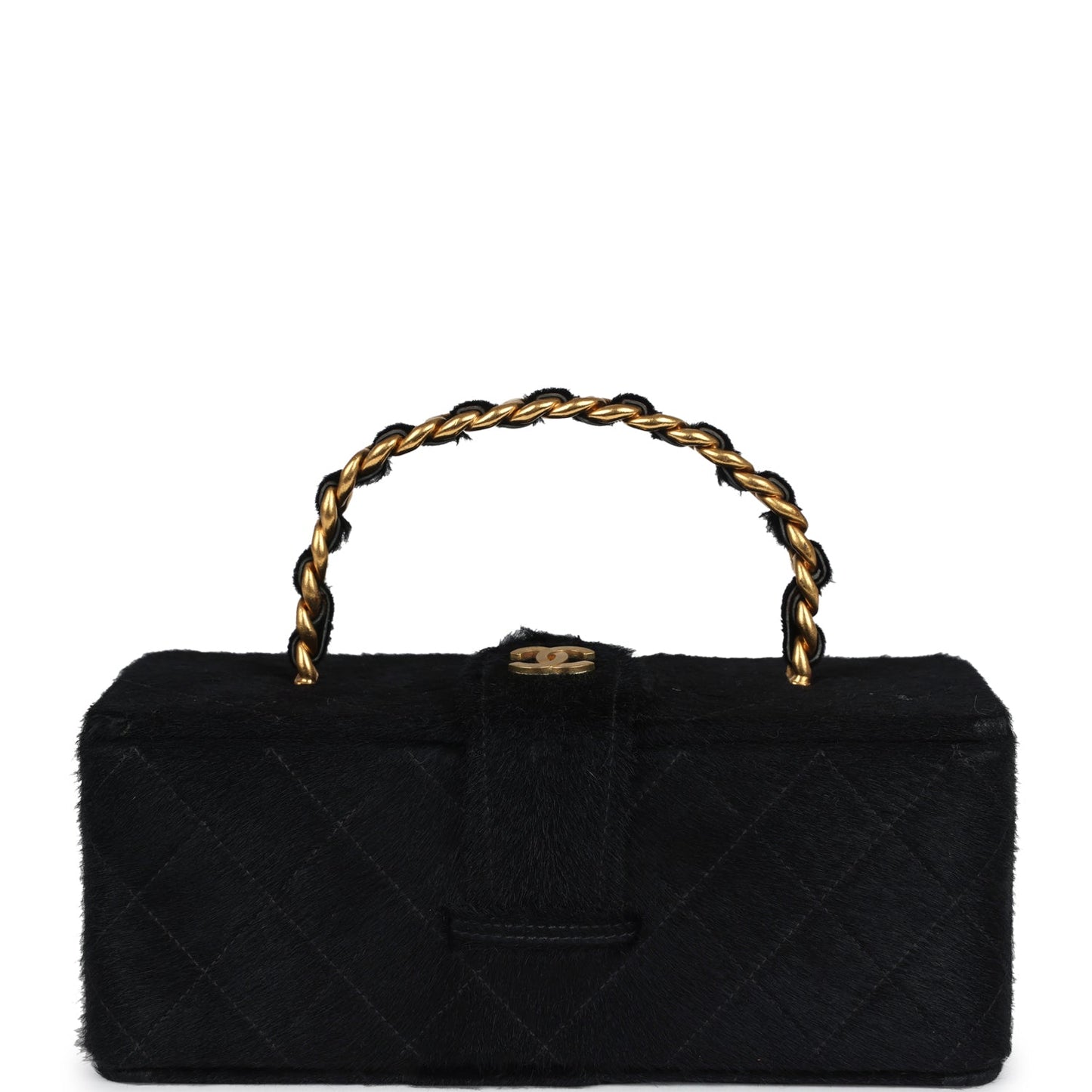 Chanel Rectangular Vanity Box Black Pony Hair Antique Gold Hardware