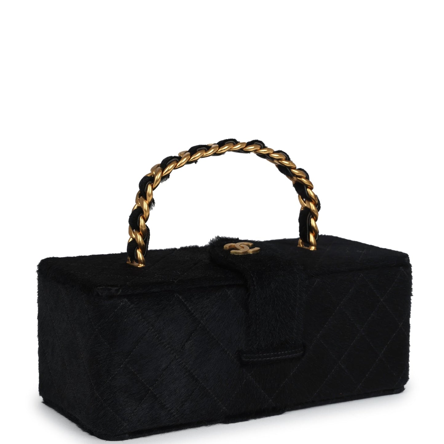 Chanel Rectangular Vanity Box Black Pony Hair Antique Gold Hardware