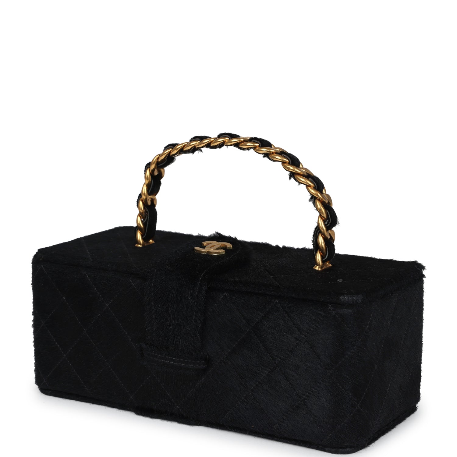 Chanel Rectangular Vanity Box Black Pony Hair Antique Gold Hardware