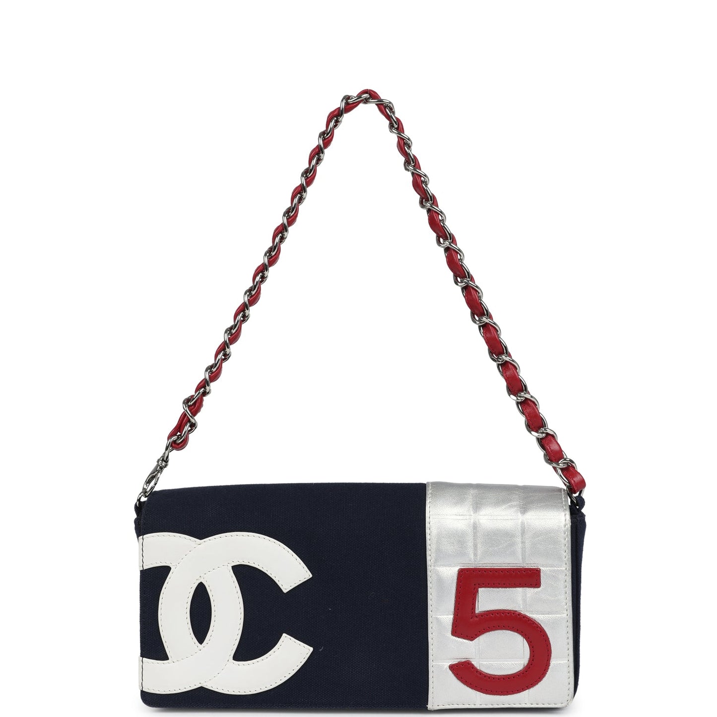 Chanel N0.5 Chain Shoulder Bag Navy, Silver, Red Canvas Silver Hardware