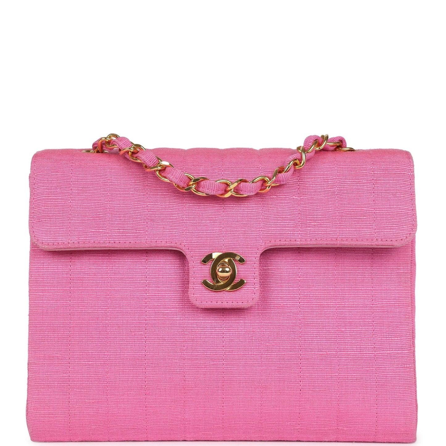 Chanel Vertical Mademoiselle Shoulder Bag Pink Linen Gold Hardware