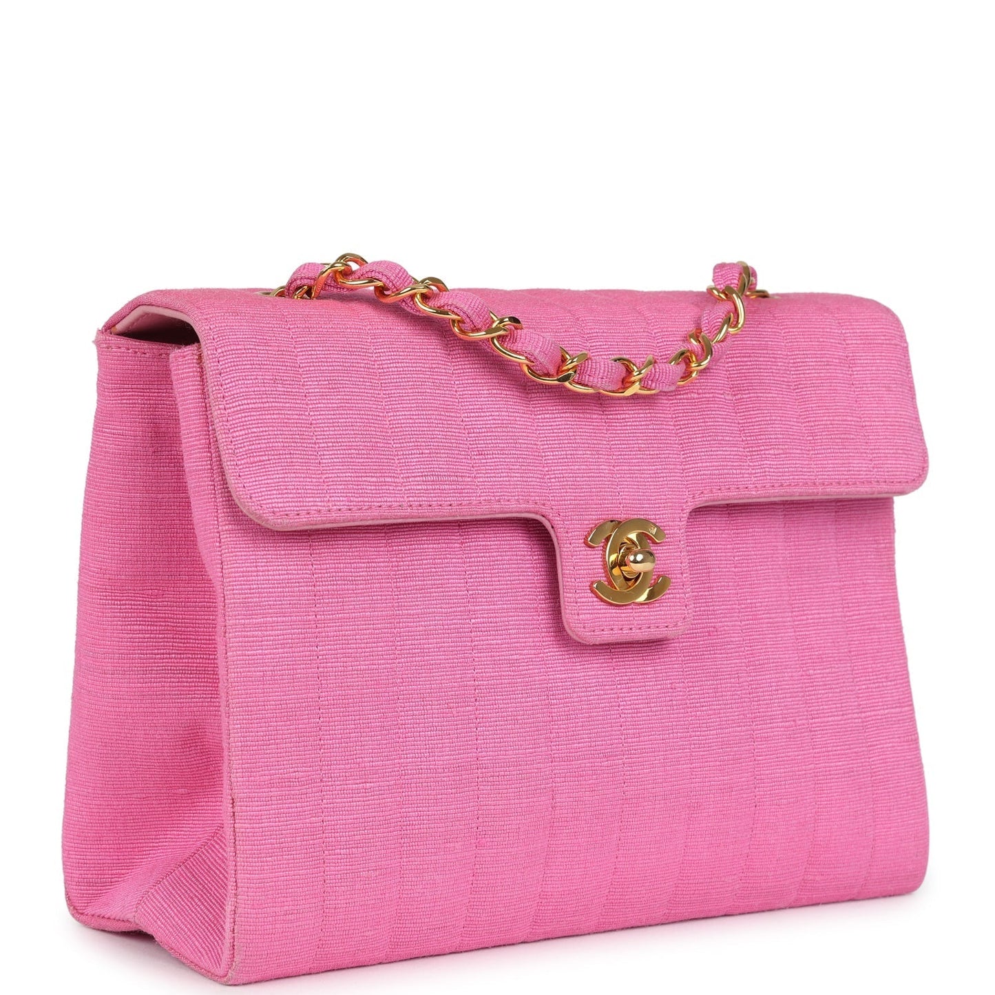 Chanel Vertical Mademoiselle Shoulder Bag Pink Linen Gold Hardware