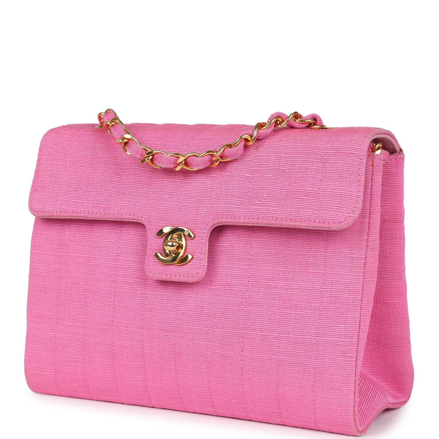Chanel Vertical Mademoiselle Shoulder Bag Pink Linen Gold Hardware