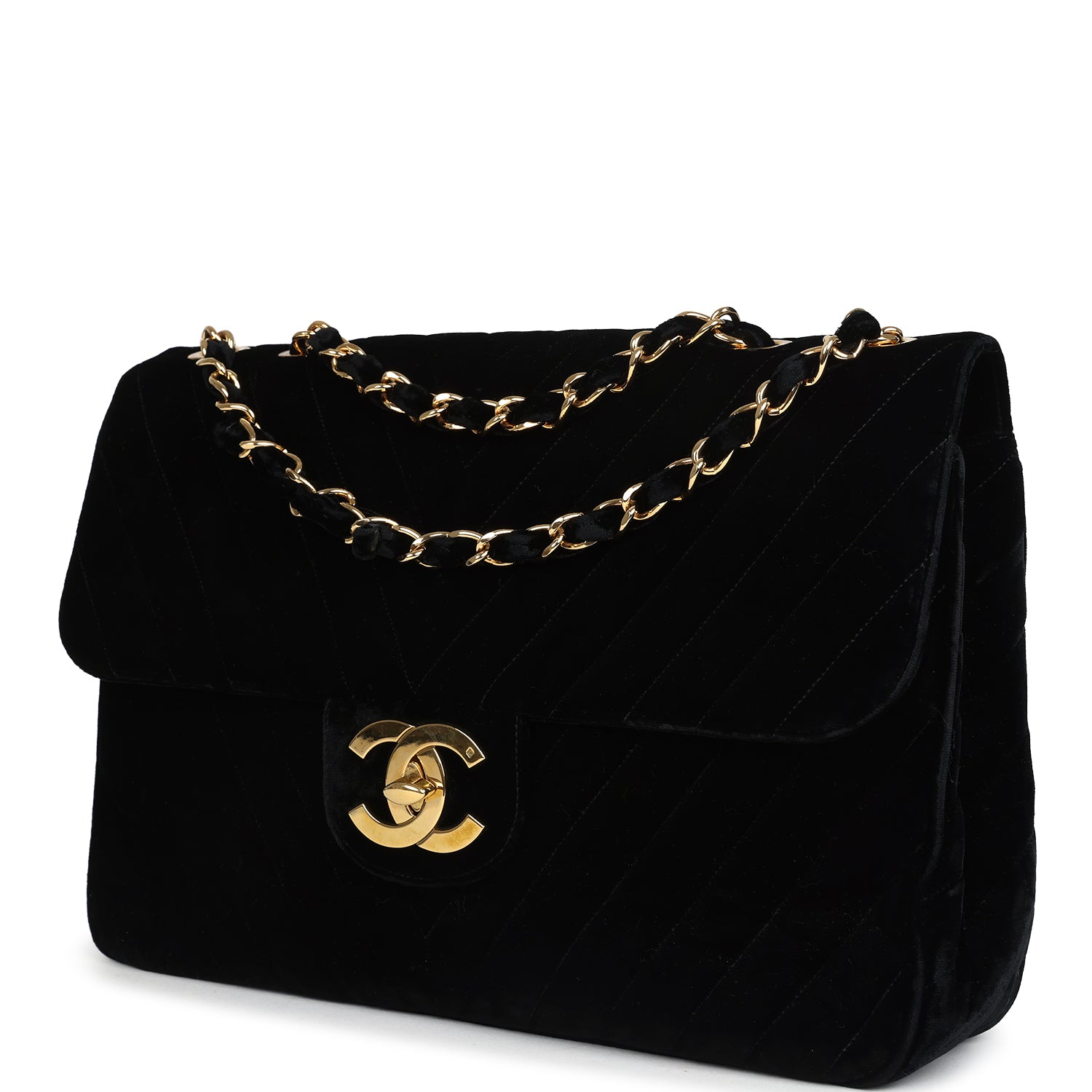 Chanel XL Chevron Single Flap Bag Black Velvet Gold Hardware