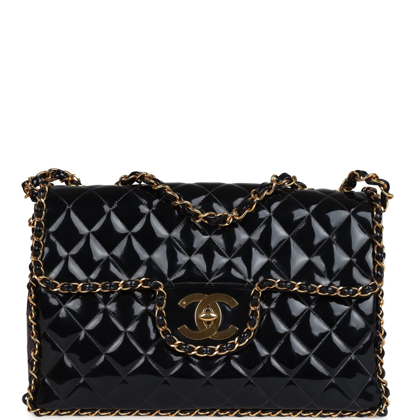 Chanel Maxi Chain Around Single Flap Bag Black Patent Gold Hardware