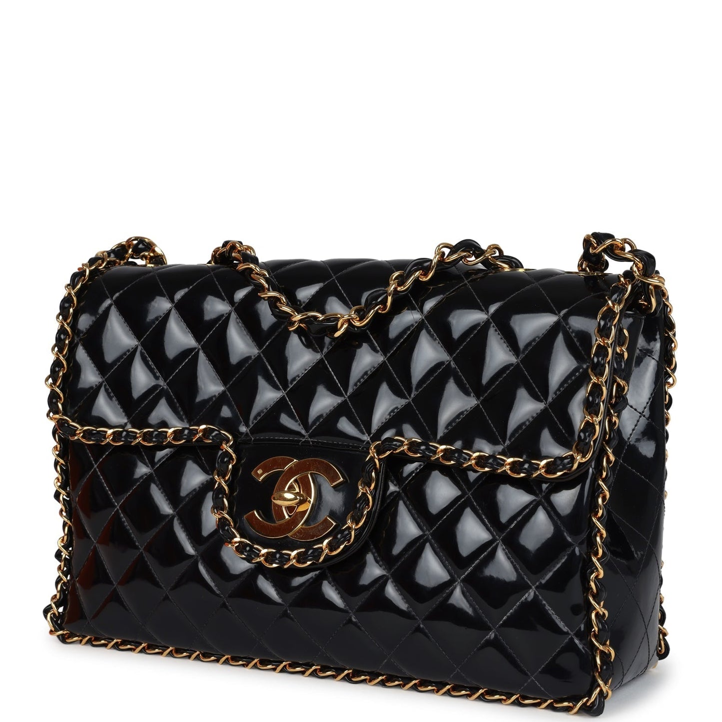 Chanel Maxi Chain Around Single Flap Bag Black Patent Gold Hardware