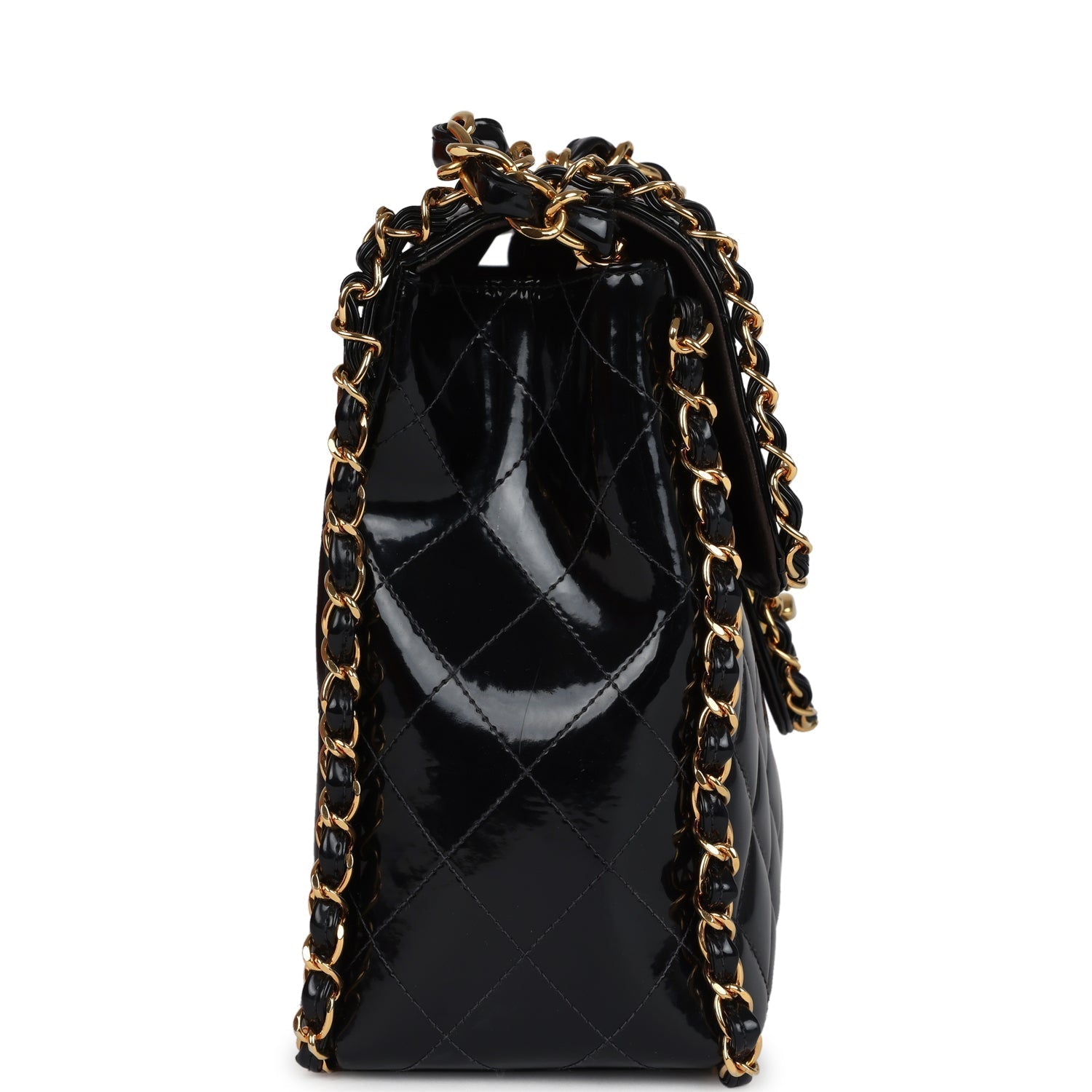 Chanel Maxi Chain Around Single Flap Bag Black Patent Gold Hardware