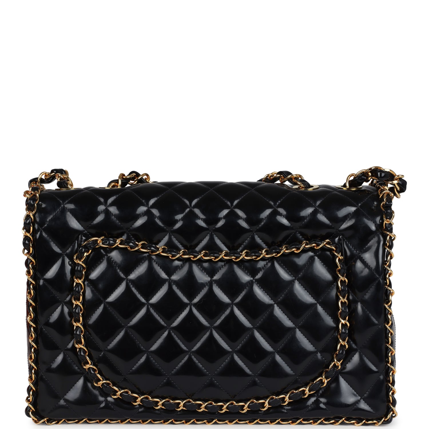Chanel Maxi Chain Around Single Flap Bag Black Patent Gold Hardware