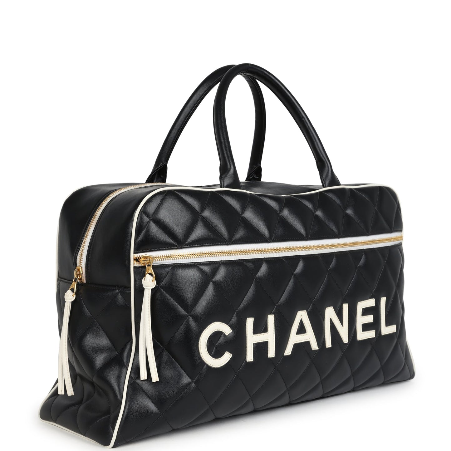 Chanel Large Logo Boston Bag Black and White Calfskin Gold Hardware