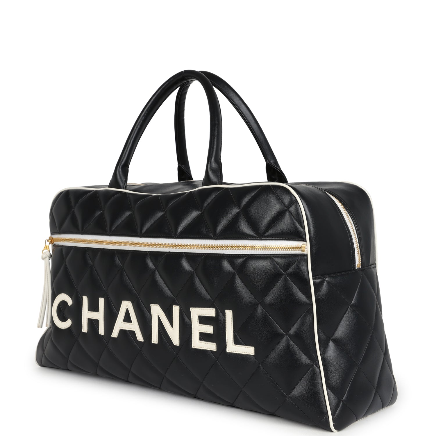 Chanel Large Logo Boston Bag Black and White Calfskin Gold Hardware