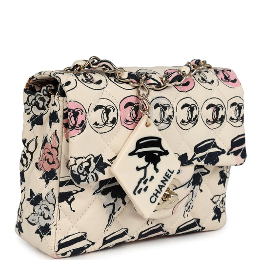 Chanel Mini Logo Square Flap Bag Light Pink Multi Printed Nylon Light Gold Hardware