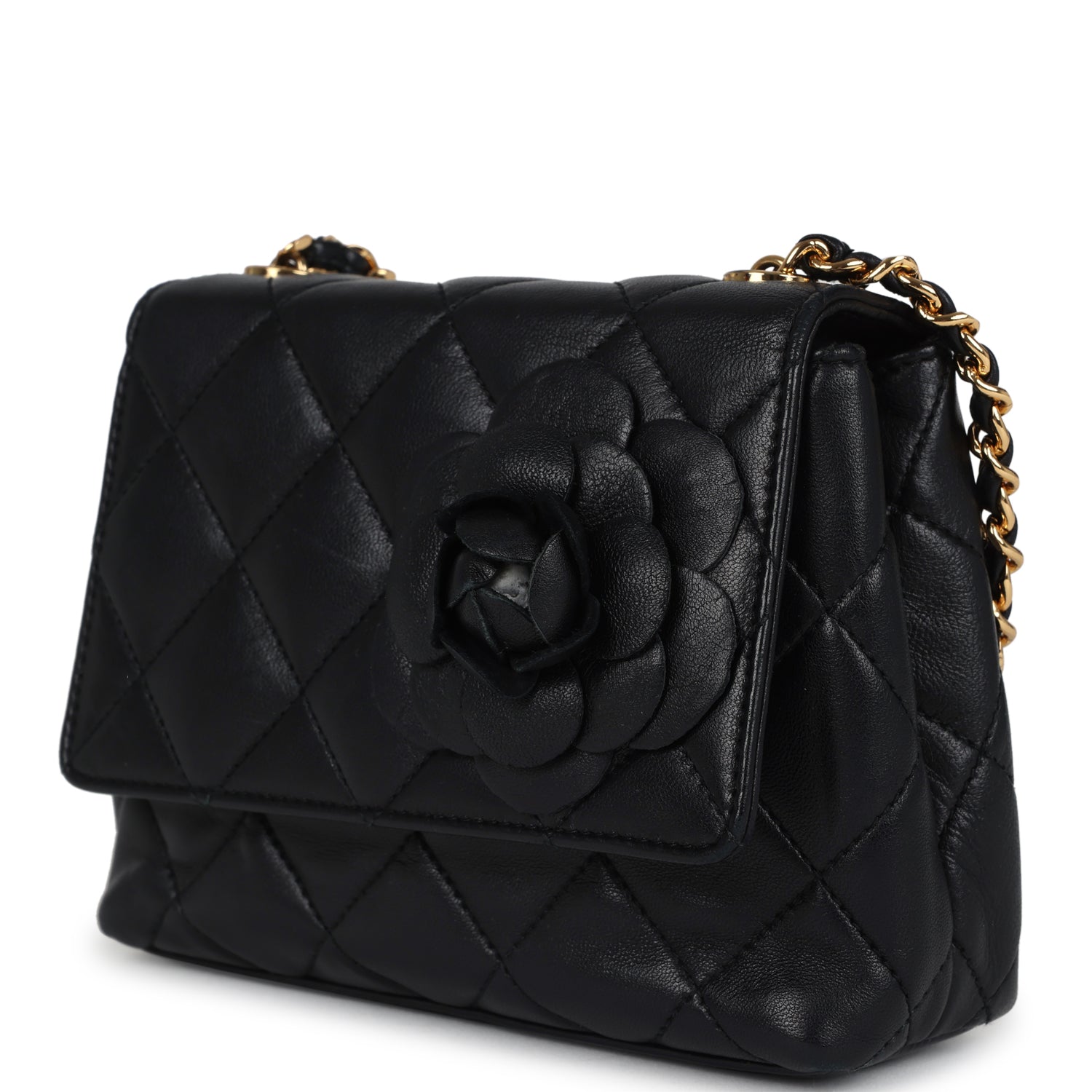 Chanel Mini Camellia Flap Bag Black Lambskin Gold Hardware