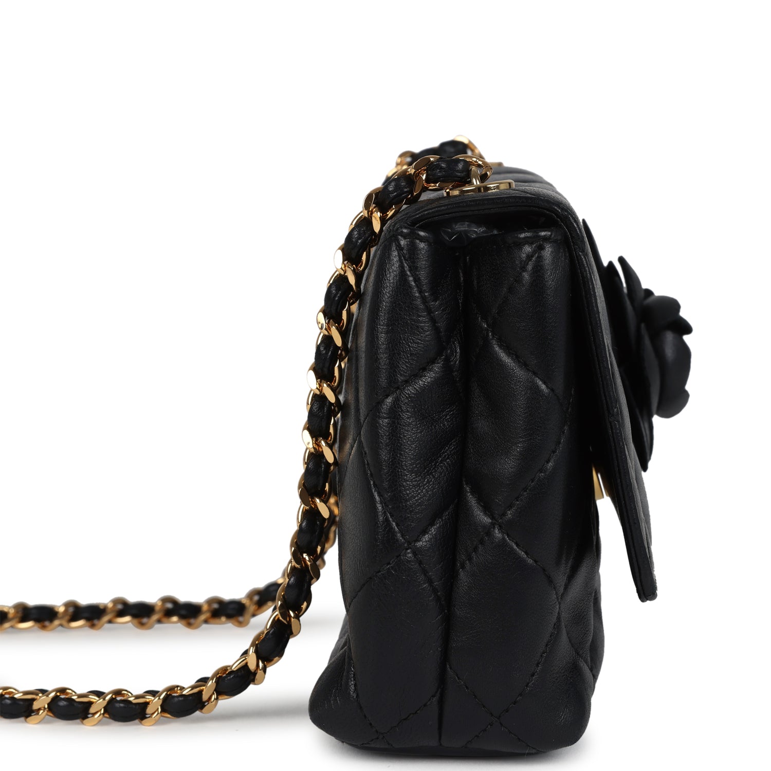 Chanel Mini Camellia Flap Bag Black Lambskin Gold Hardware