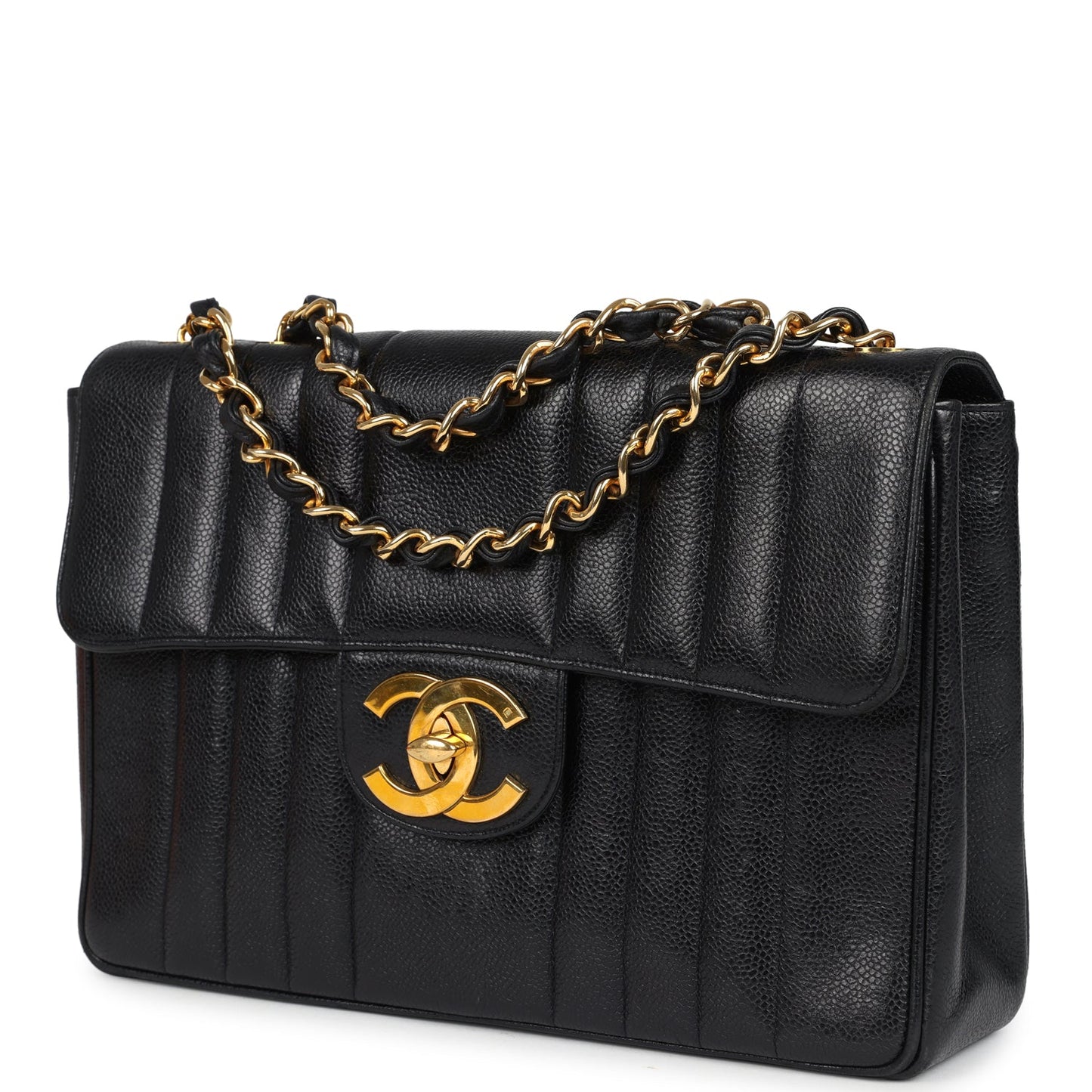Chanel Jumbo Mademoiselle Vertical Flap Black Caviar Gold Hardware
