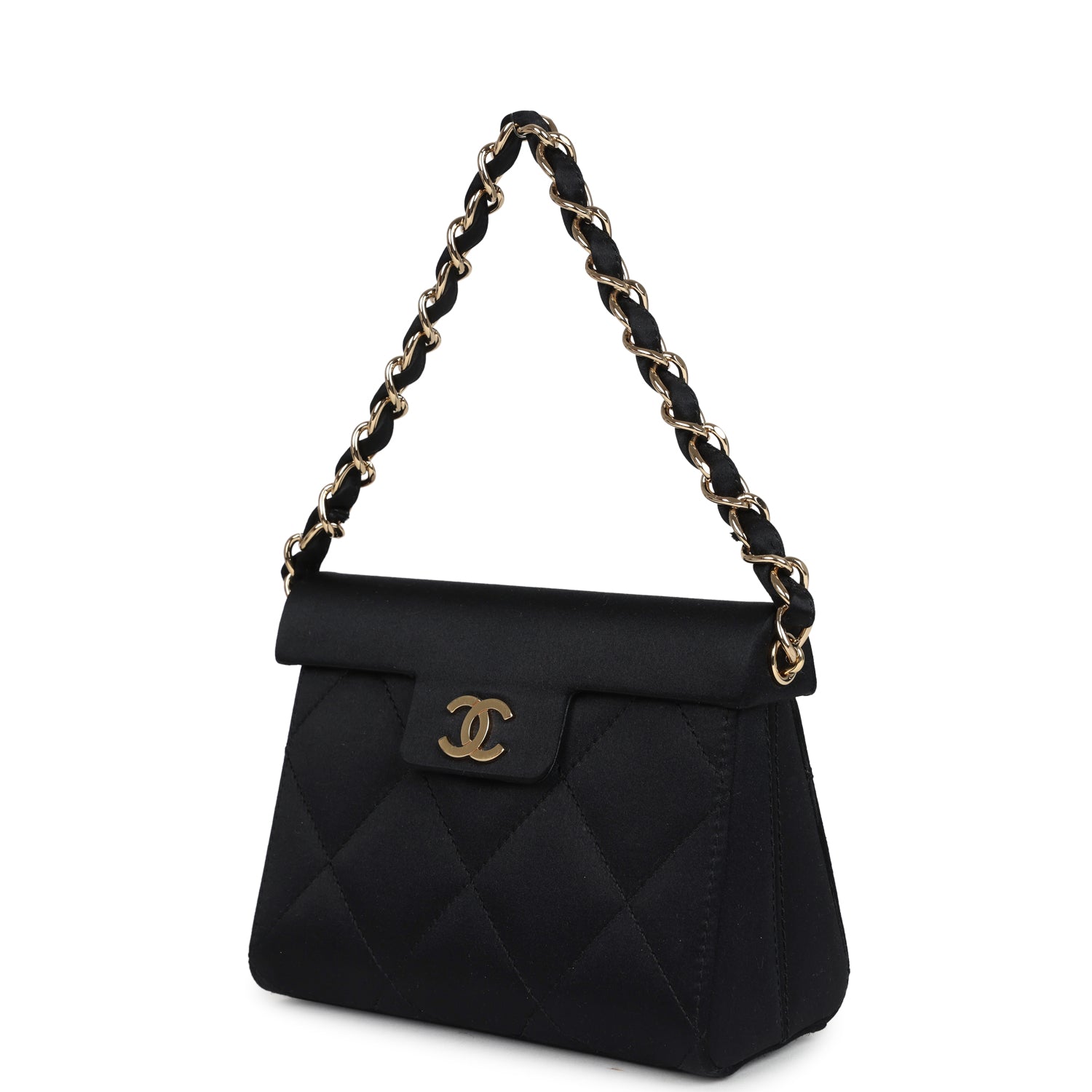 Chanel Mini Evening Handbag Bag Black Satin Gold Hardware