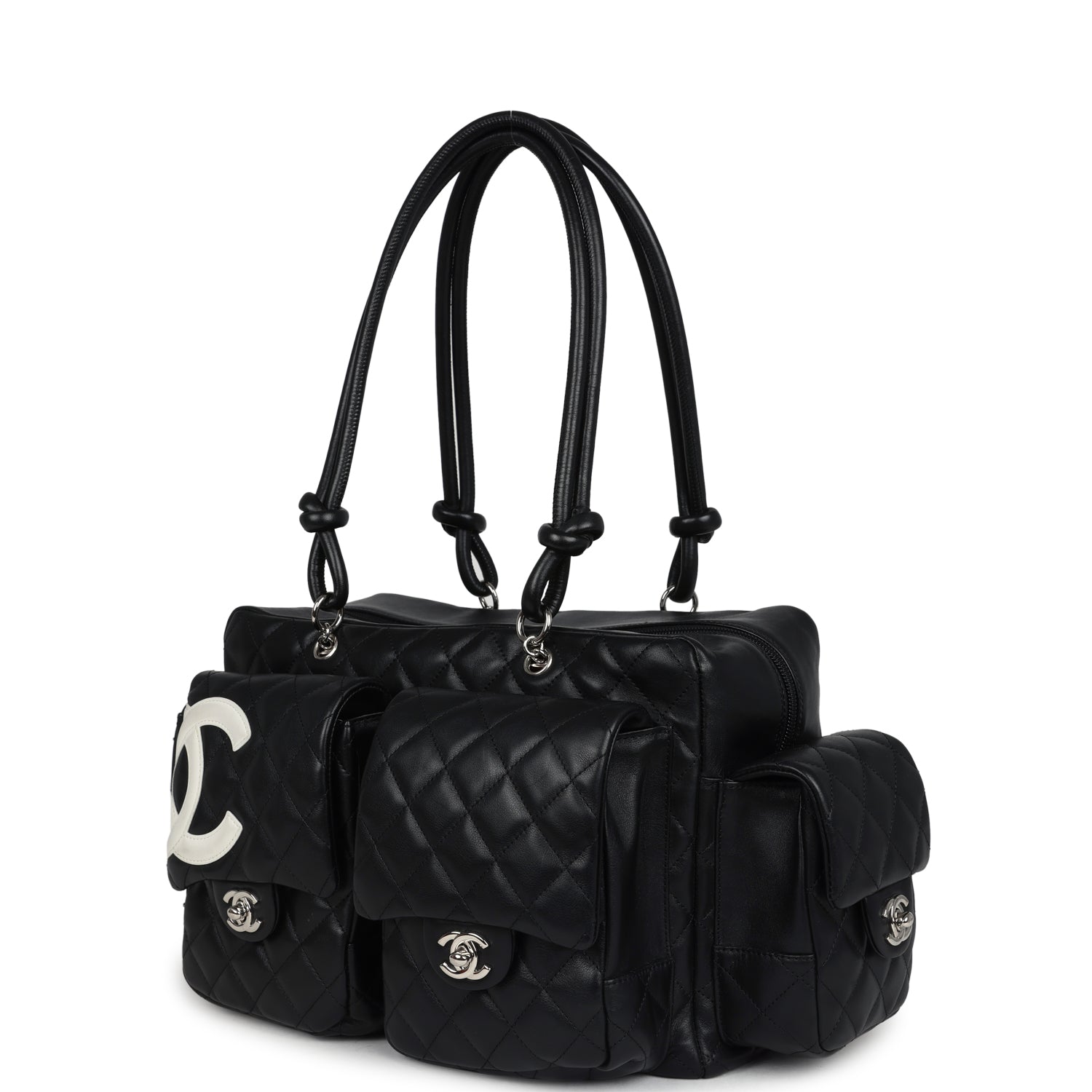 Chanel Large Cambon Ligne Reporter Bag Black and White Lambskin Silver Hardware