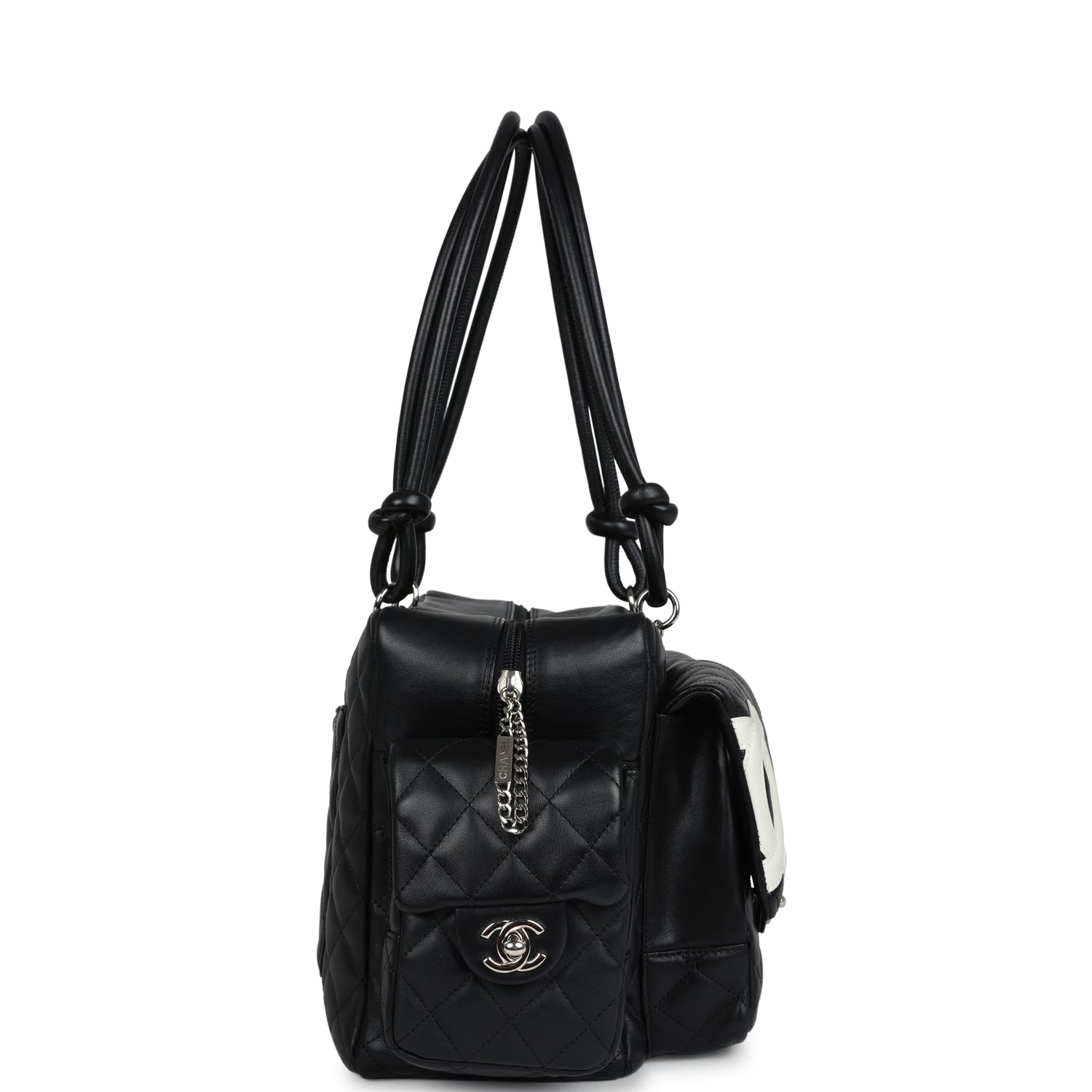 Chanel Large Cambon Ligne Reporter Bag Black and White Lambskin Silver Hardware