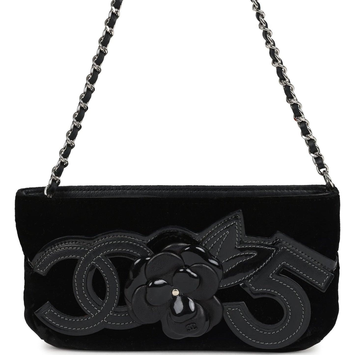 Chanel Camelia Pochette Black Velvet Silver Hardware