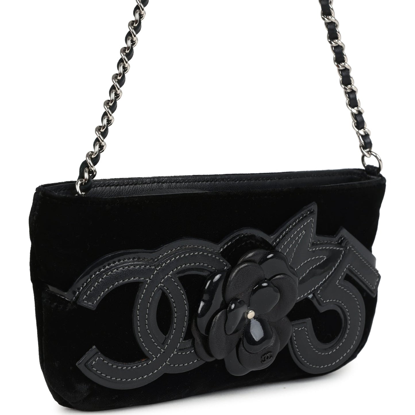 Chanel Camelia Pochette Black Velvet Silver Hardware