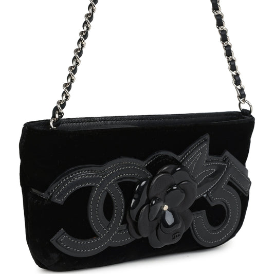Chanel Camelia Pochette Black Velvet Silver Hardware